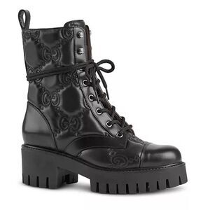 Gucci Women's GG Matelassé Leather Quilted Platform Combat Boots Black 38